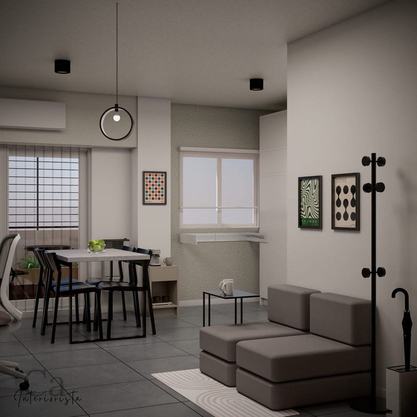 Sala de estar e jantar moderna e iluminada com janelas amplas — projeto Monoambiente Caballito, por Carolina Interiorista, em Pje. Caballito